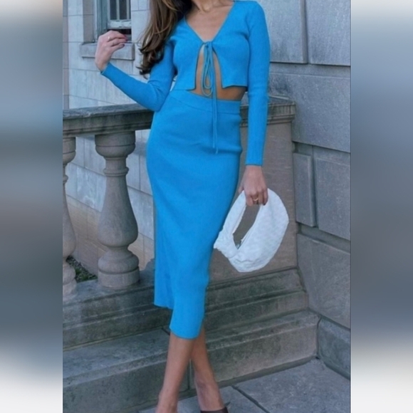 ZARA Ribbed Knit High-waist Midi Skirt w/ Elastic Waistband BackVent.Aqua Blue.M - Picture 10 of 16